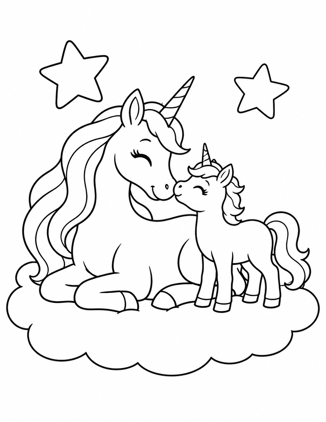 Mother and Baby Unicorn on a Cloud printable page