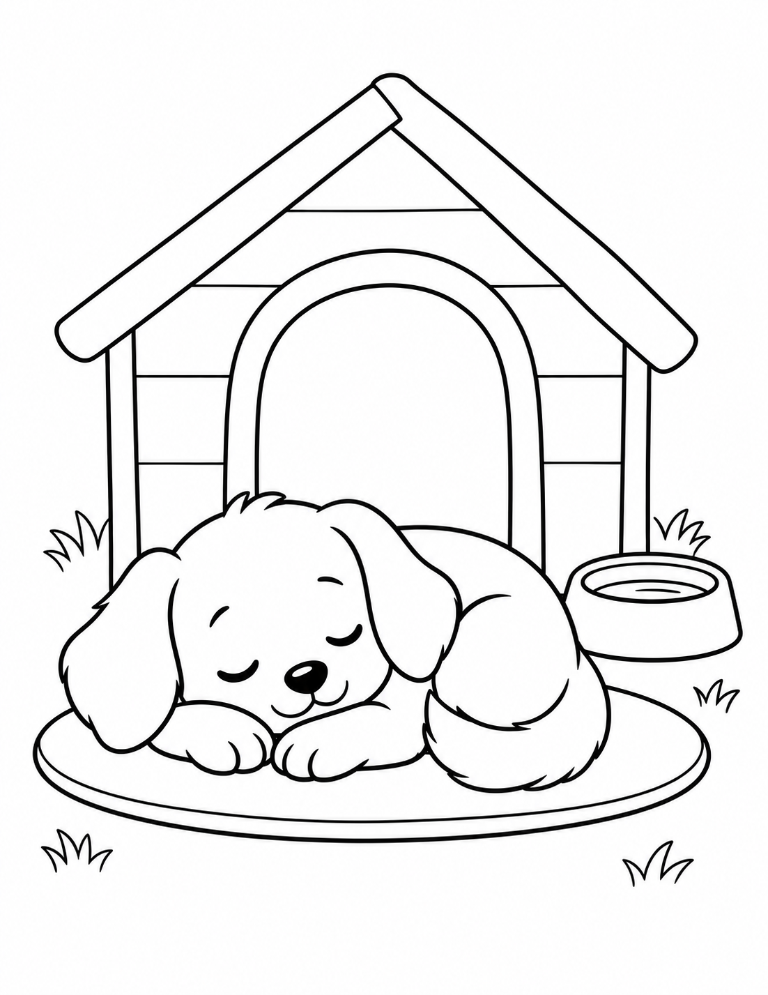 Puppy Napping by a Doghouse printable page