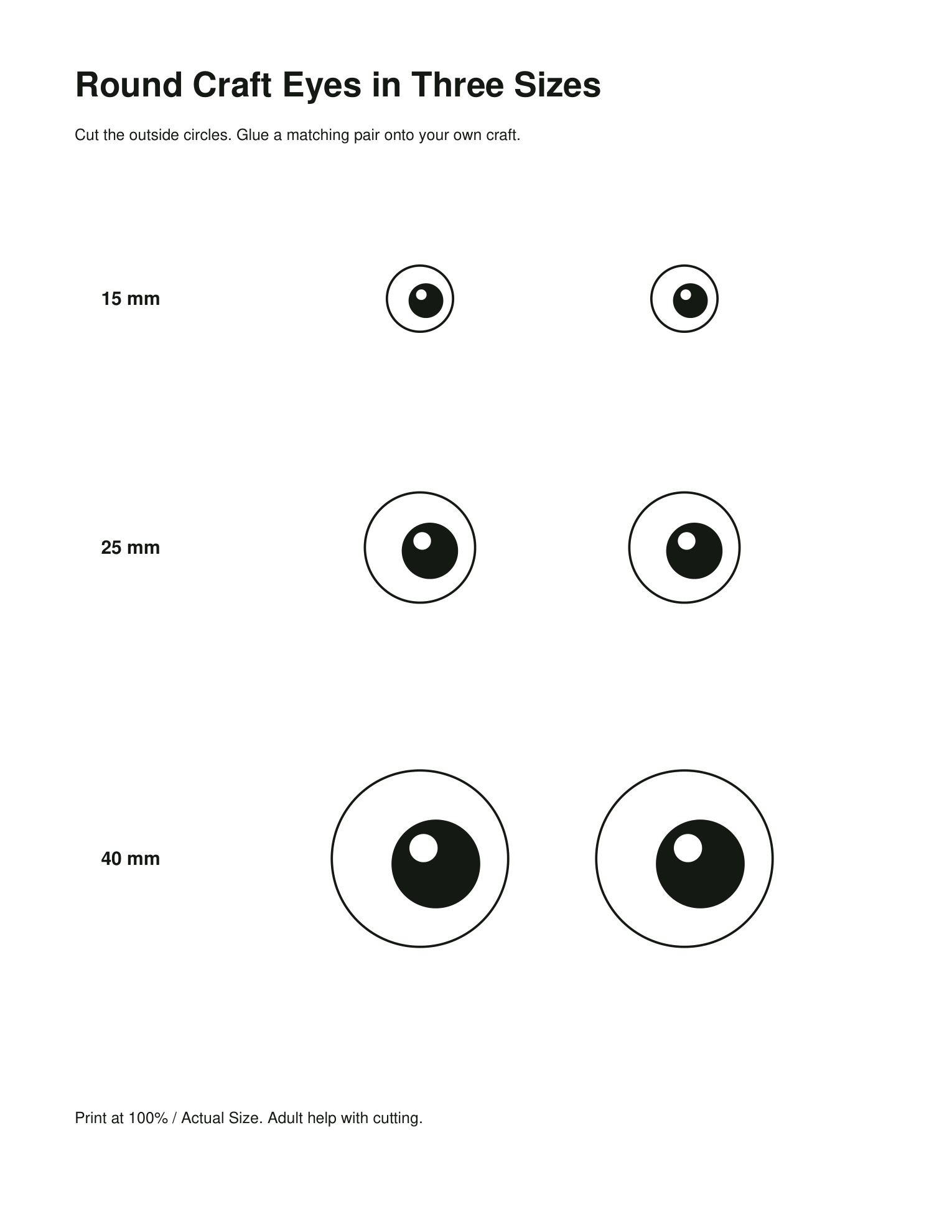 Round Craft Eyes in Three Sizes printable page