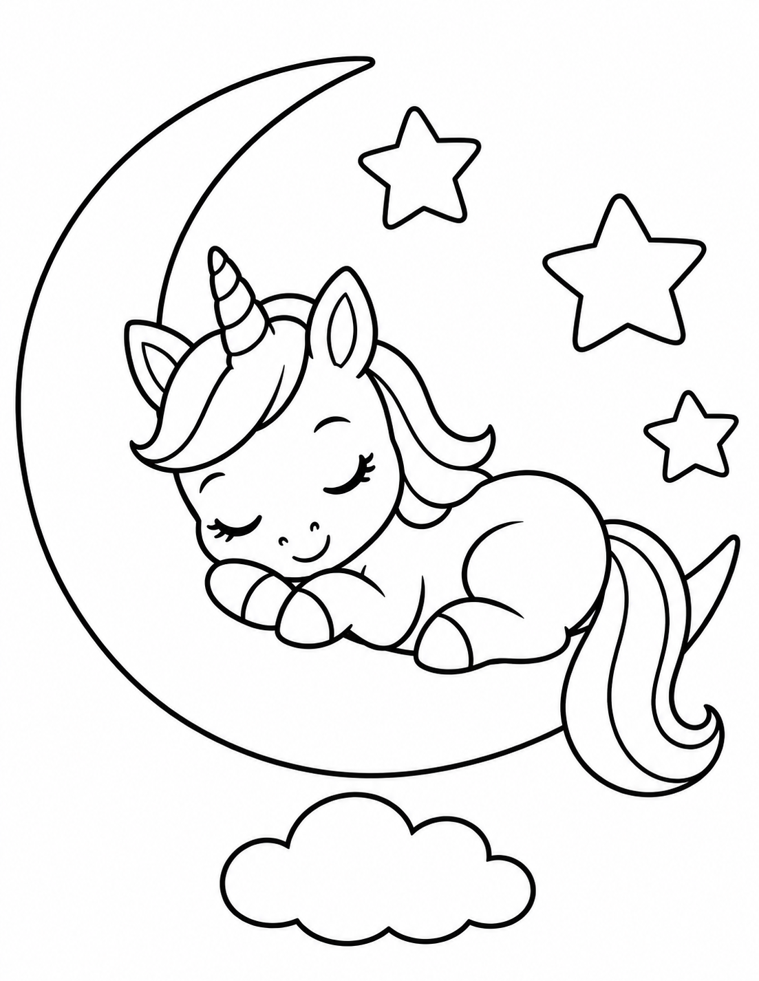 Sleeping Unicorn on a Crescent Moon printable page