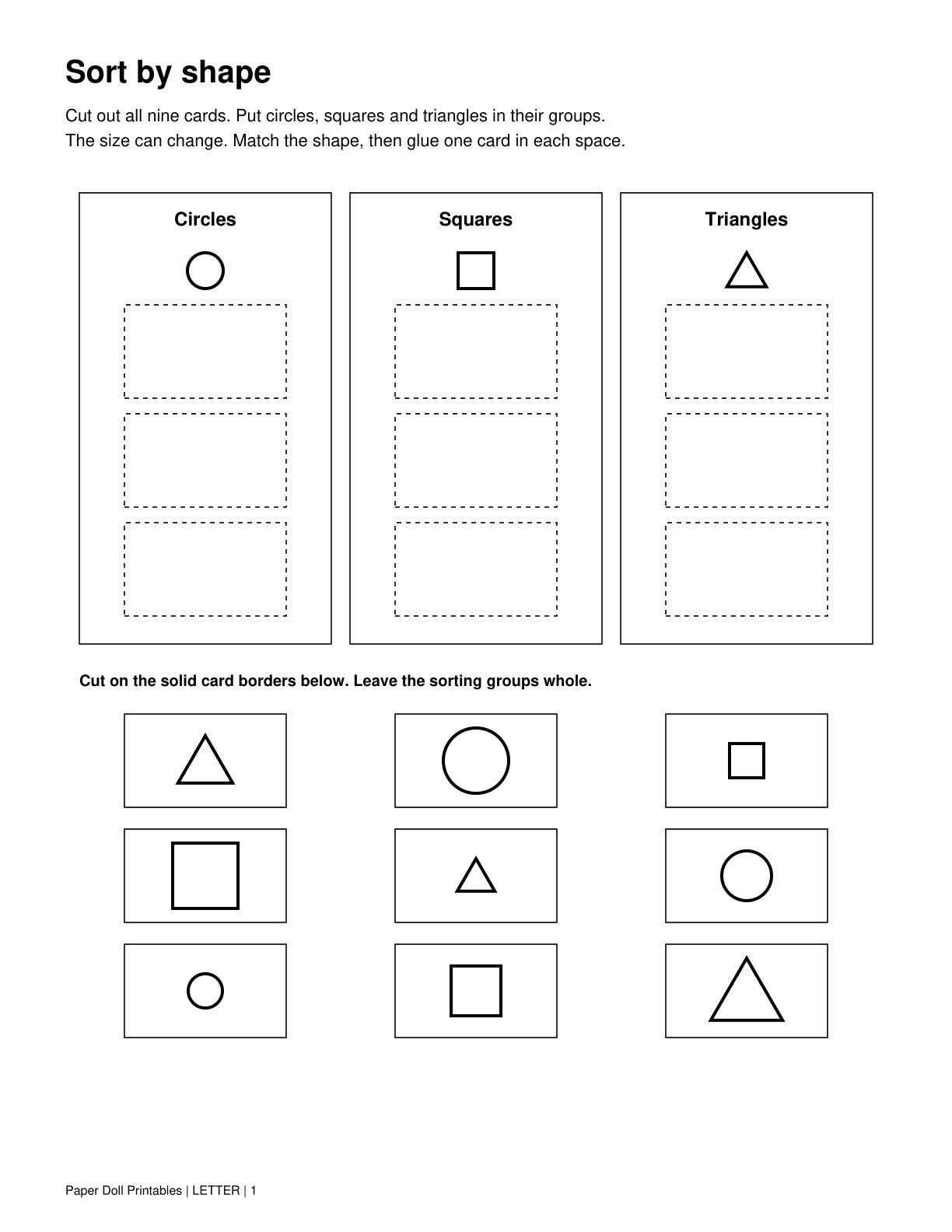 Shape-sorting worksheet with three groups and nine circle, square and triangle cards.