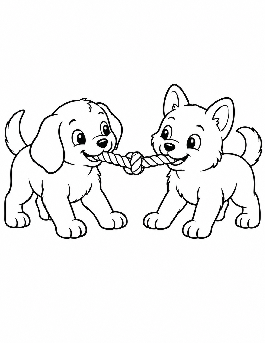 Two Puppies Playing Tug printable page