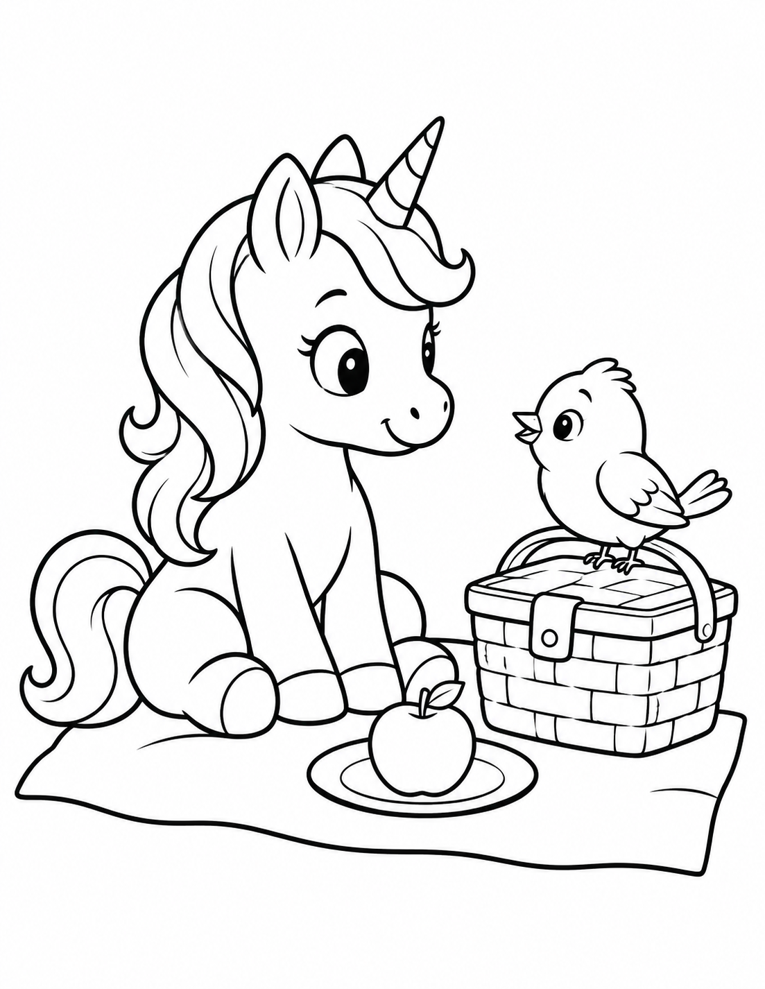 Unicorn and Bird Picnic printable page