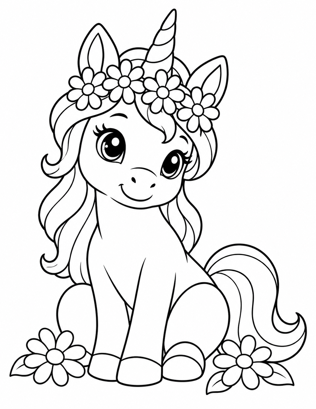 Young Unicorn with a Flower Crown printable page