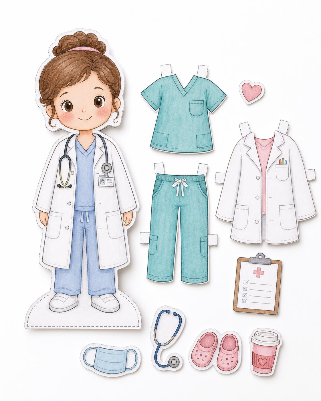 Sample doctor paper doll printable cover with outfits and accessories